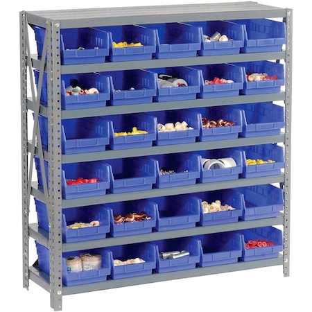 Global Industrial Steel Shelving with 30 4inH Plastic Shelf Bins Blue, 36x18x39-7 Shelves 603435BL